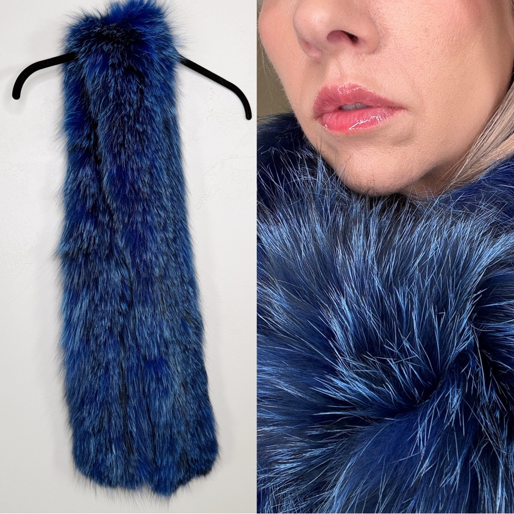 Jocelyn Genuine Dyed Knitted Fox Fur Scarf (Style: The Universal) in Royal Blue